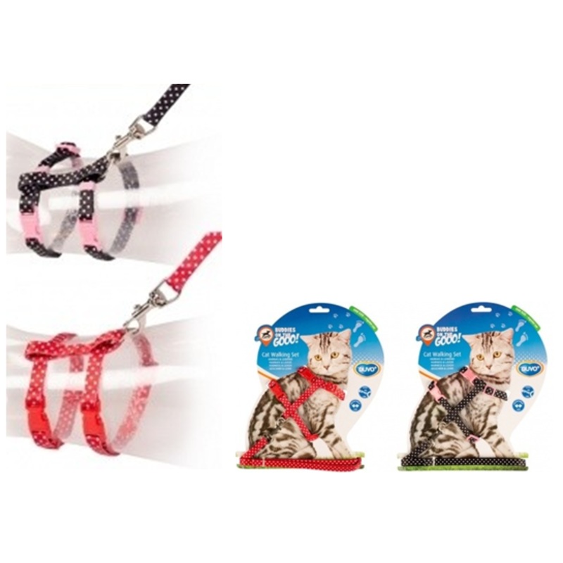 CAT HARNESS-LEAD WHITE DOTS|PINK|RED