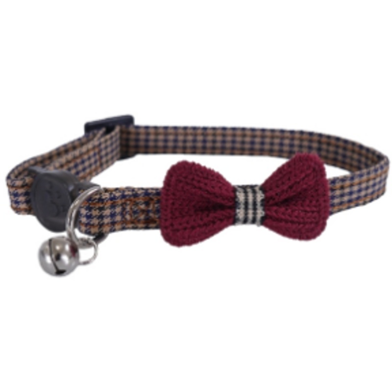 DESIGNER BURGUNDY BOW DOGTOOTH CAT COLLAR