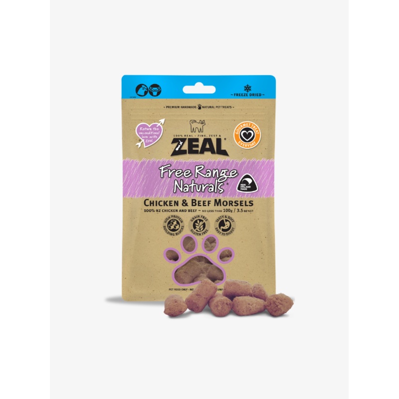 Zeal Free Range Naturals Freeze Dried Pouch Chicken & Beef Morsels for Cats & Dogs Treats 100g