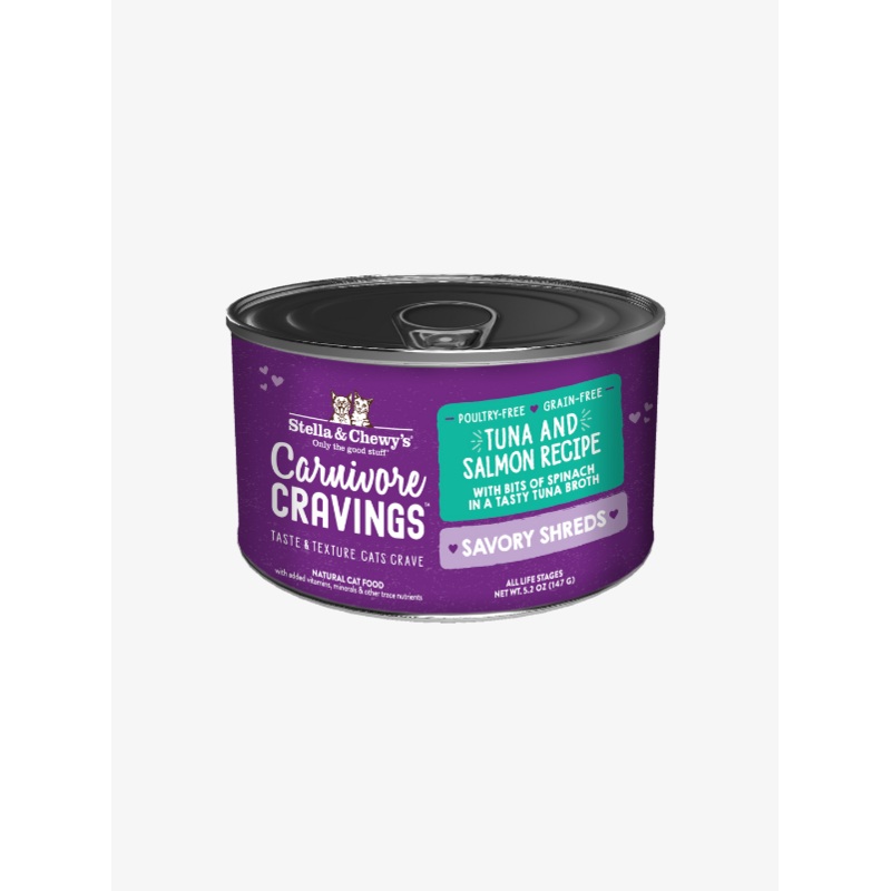 Stella & Chewys Carnivore Cravings Savory Shred Wet Canned Food for Cats  Tuna & Mackerel in Broth 5.2 oz