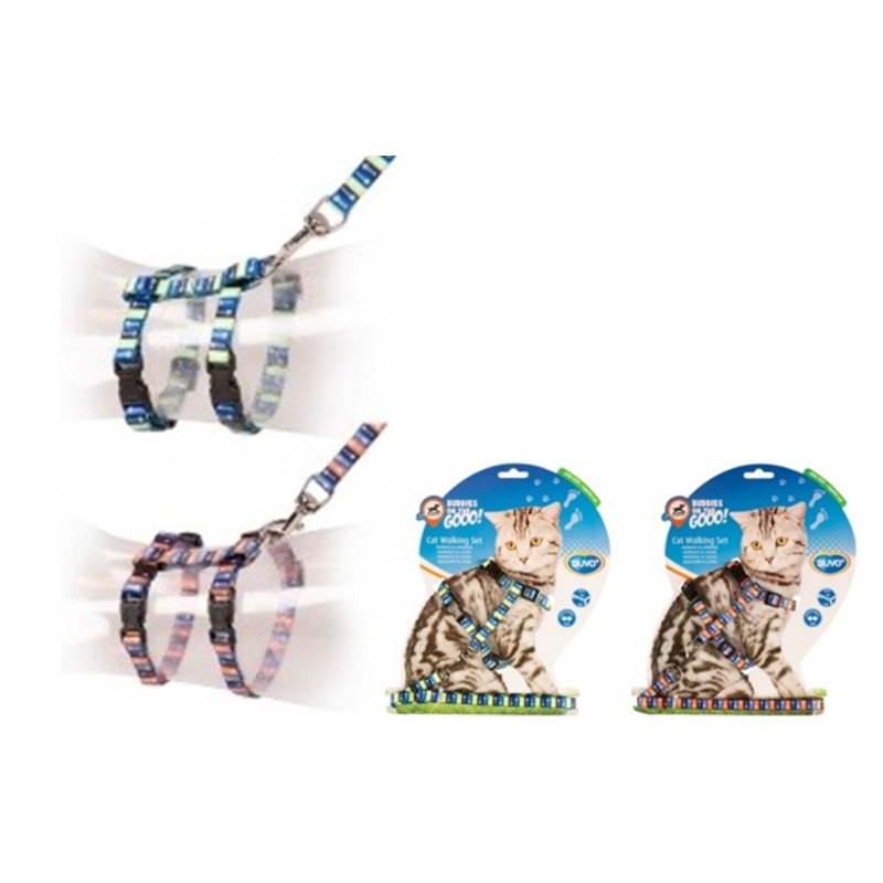 CAT HARNESS-LEAD FISH BONES|BLUE/GREEN|BLUE/ORANGE