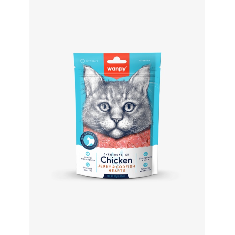 Wanpy Oven-Roasted Chicken Jerky & Codfish Hearts Cat Treats 80g