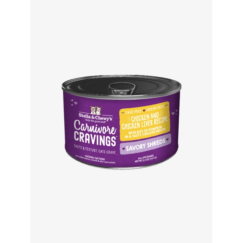 Stella & Chewys Carnivore Cravings Savory Shred Wet Canned Food for Cats  Chicken & Chicken Liver in Broth 5.2 oz