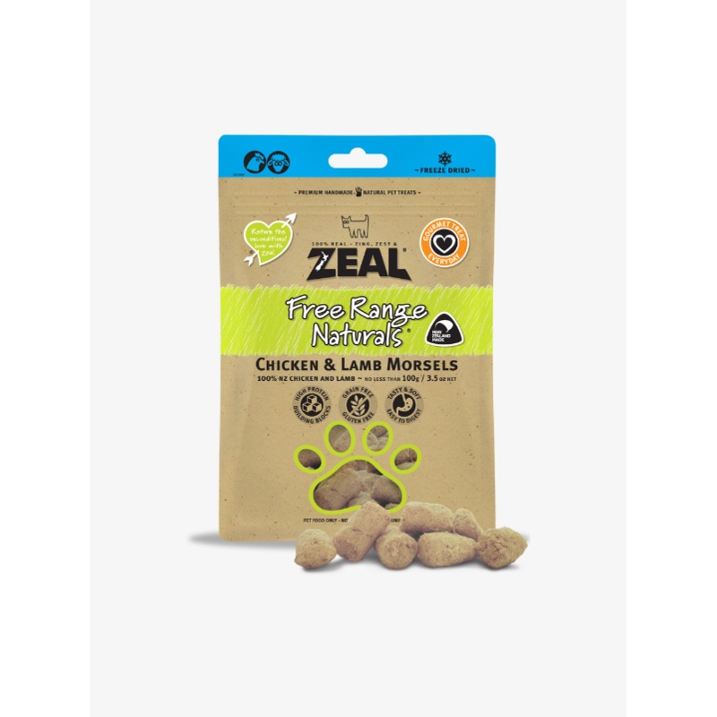 Zeal Free Range Naturals Freeze Dried Pouch Chicken & Lamb Morsels for Cats & Dogs Treats 100g