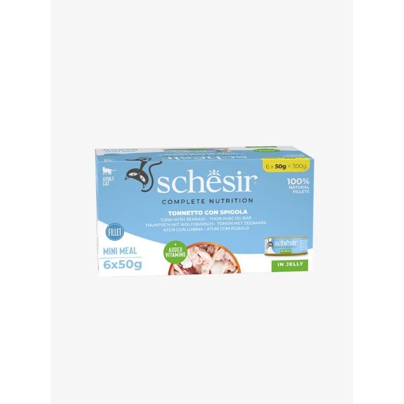 Schesir Complete Nutrition Canned Wet Cat Food  Tuna with Seabass in Jelly 6 x 50g