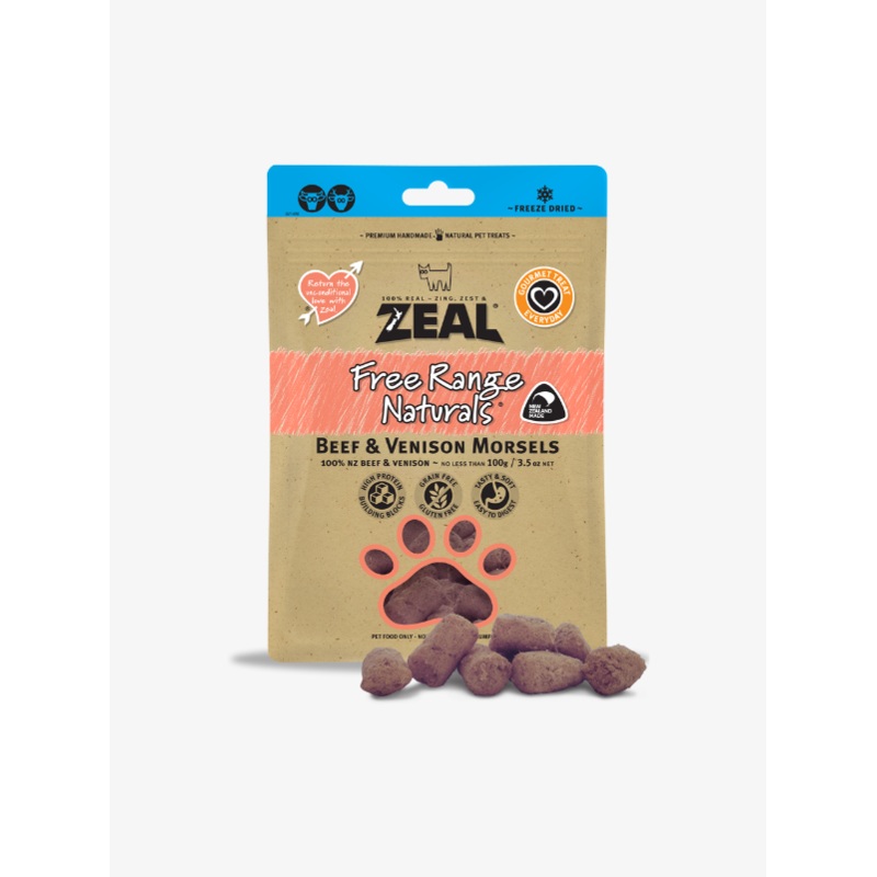 Zeal Free Range Naturals Freeze Dried Pouch Beef & Venison Morsels for Cats & Dogs Treats 100g