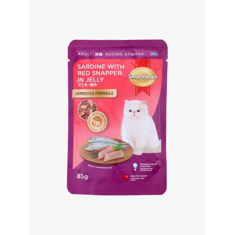 Smartheart Pouch Adult Cat Food  Sardine with Red Snapper in Jelly 85g