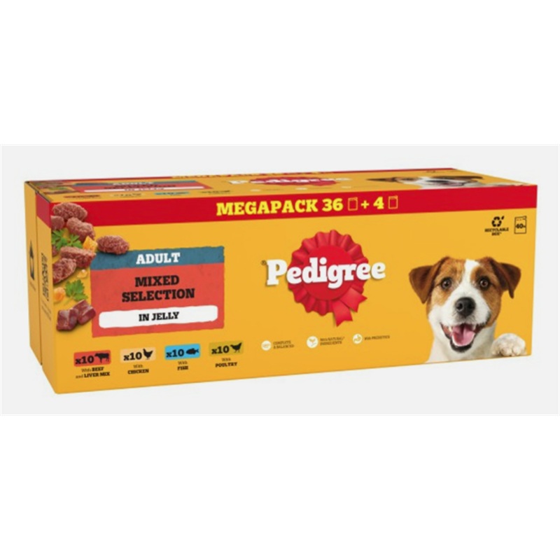 PEDIGREE Adult Dog Pouches Mixed Selection in Jelly 40 for 36 x100g Mega Pack