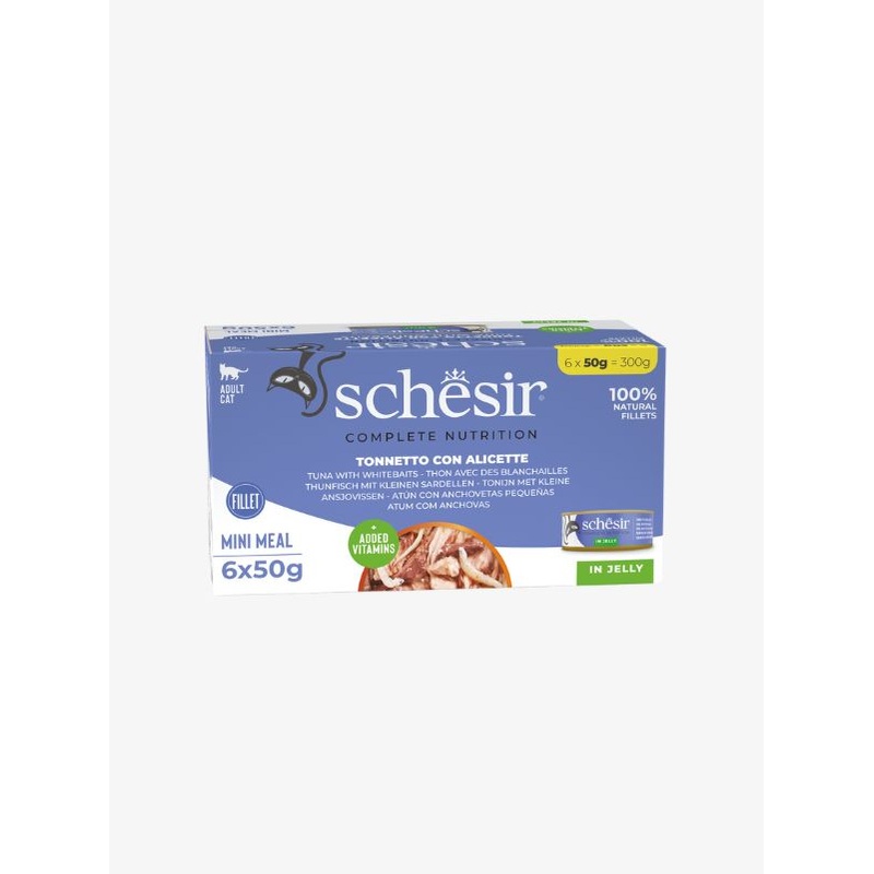 Schesir Complete Nutrition Canned Wet Cat Food  Tuna Whitebaits in Jelly 6 x 50g