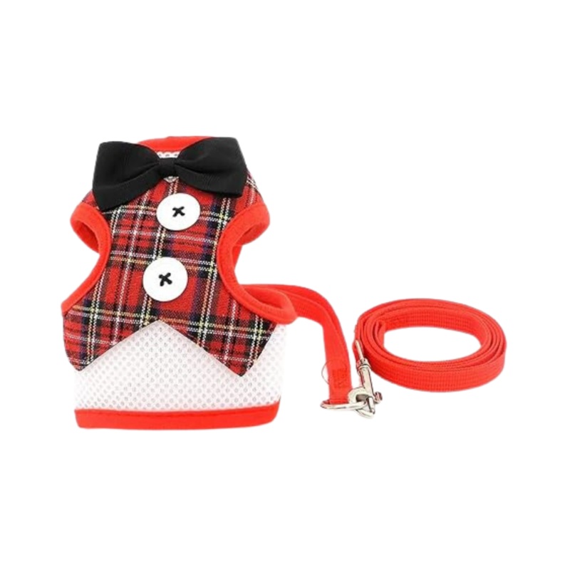 WW TOYBREED TUXIDO HARNESS WITH LEASH RED CHECKS (S)